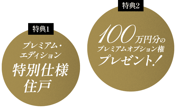 特典1 プレミアム・エディション特別仕様住戸 特典2 100万円分のプレミアムオプション権プレゼント